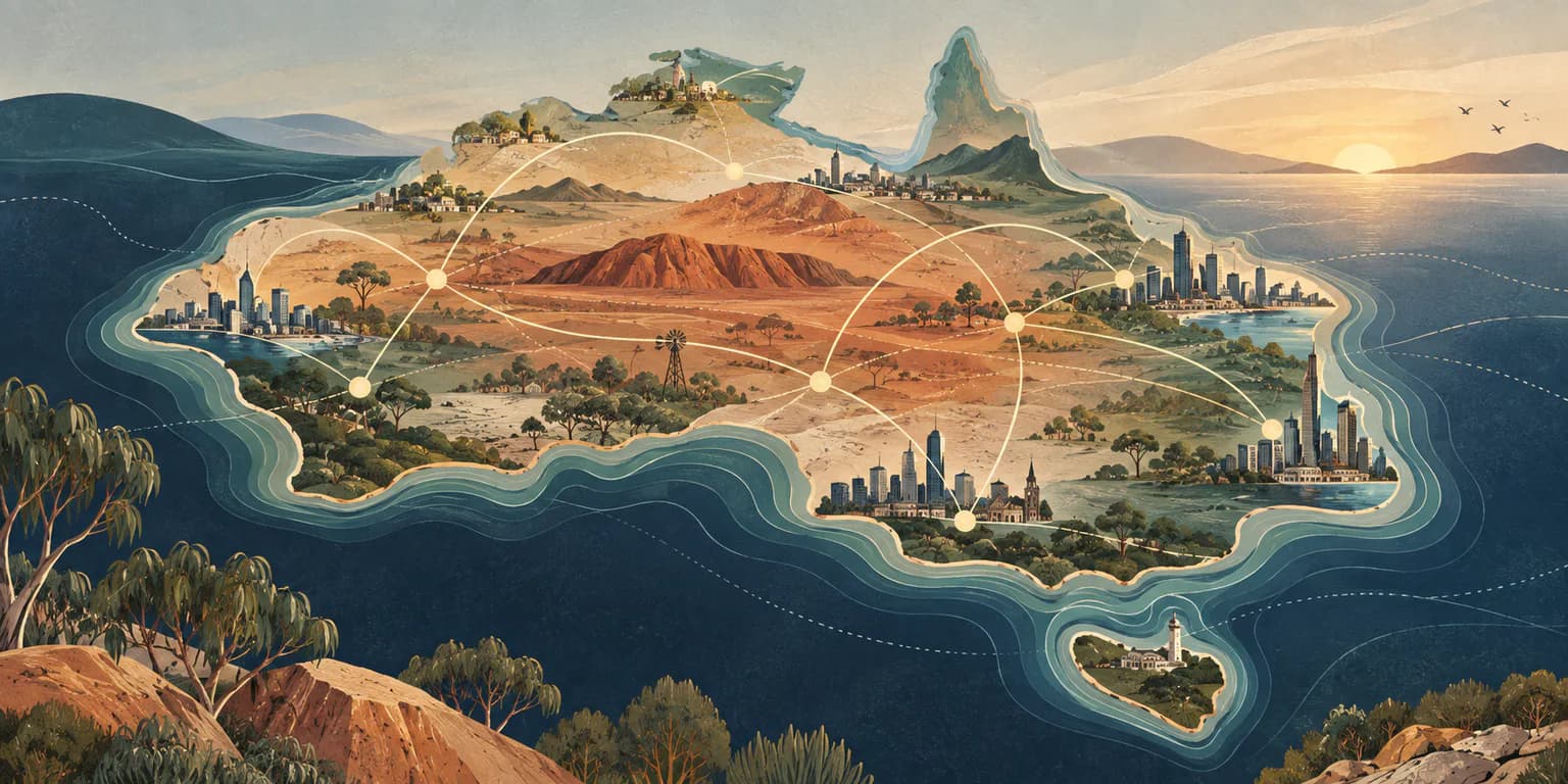 Editorial illustration of metropolitan, regional and remote communities connected across Australia