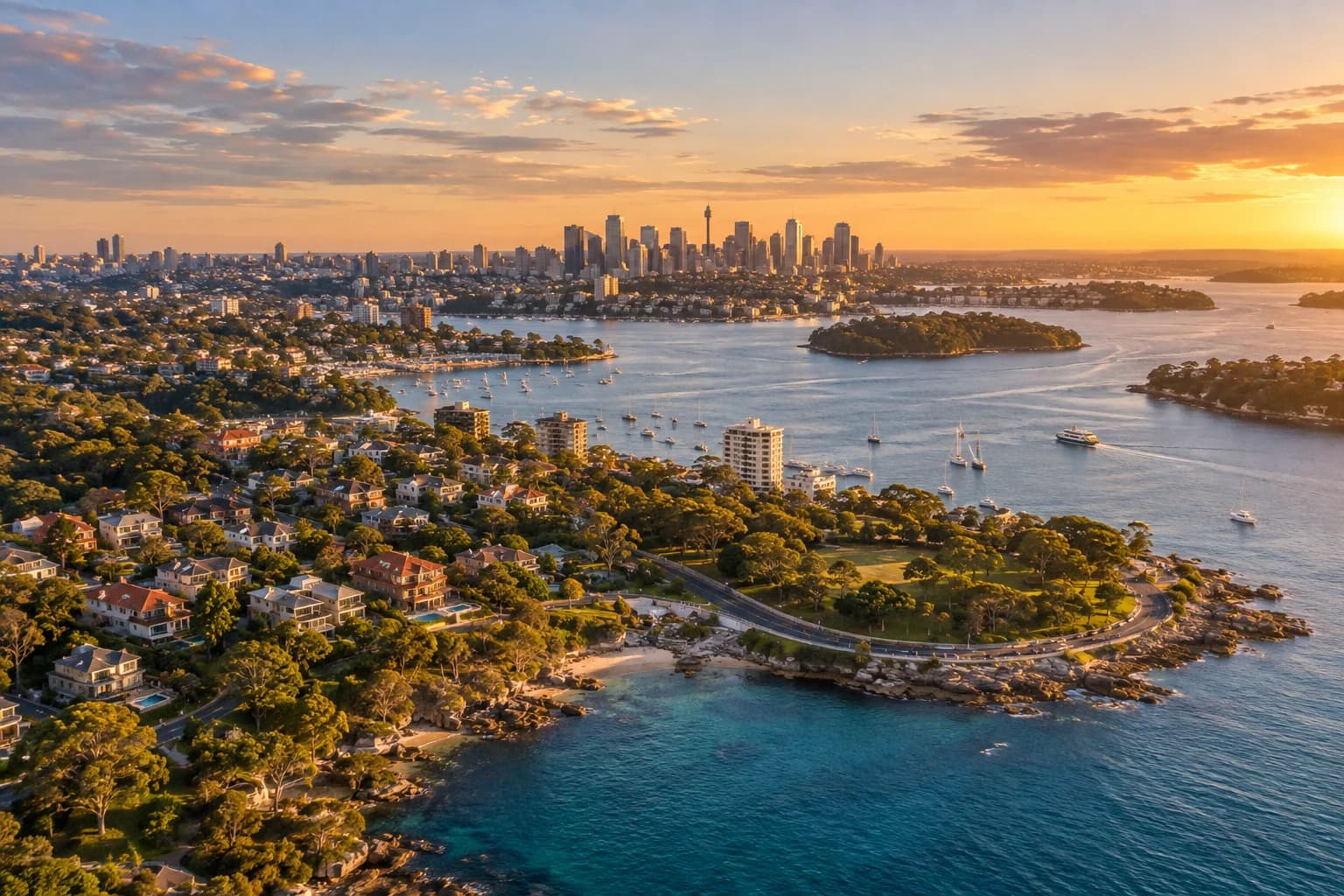 Australian city, neighbourhoods and coastline at golden hour